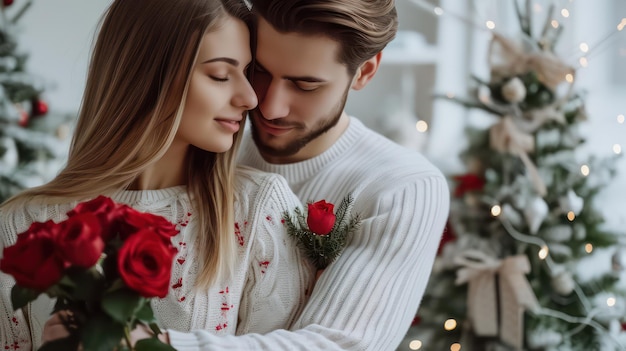 Foto una pareja joven dando regalos de san valentín dentro de la casa