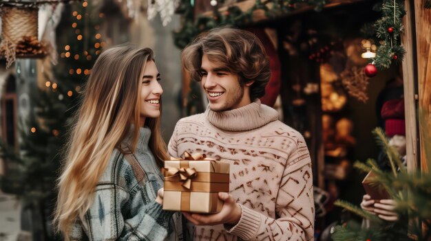 Una pareja joven dando regalos de San Valentín dentro de la casa