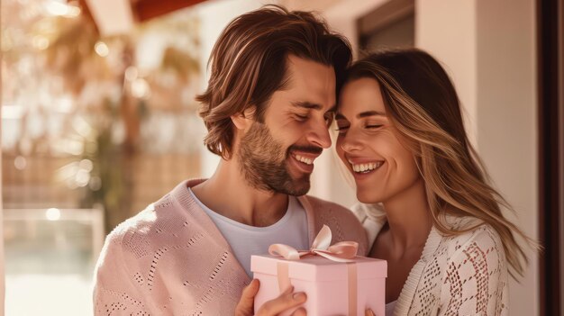 Foto una pareja joven dando regalos de san valentín y rosas dentro de la casa