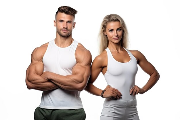 Foto una pareja joven y deportiva posando un fondo blanco aislado.