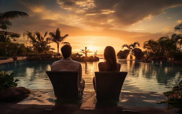 Una pareja joven disfruta del atardecer revisando la IA generativa