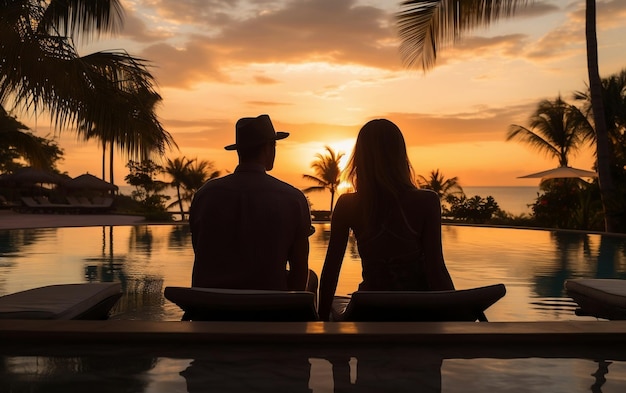 Una pareja joven disfruta del atardecer revisando la IA generativa