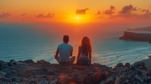 Una pareja joven disfruta de una impresionante puesta de sol con vistas al mar