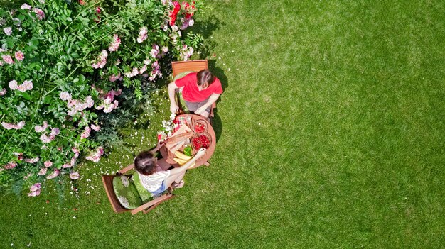 Pareja joven disfrutando de comida y bebida en el hermoso jardín de rosas en la vista superior aérea de cita romántica