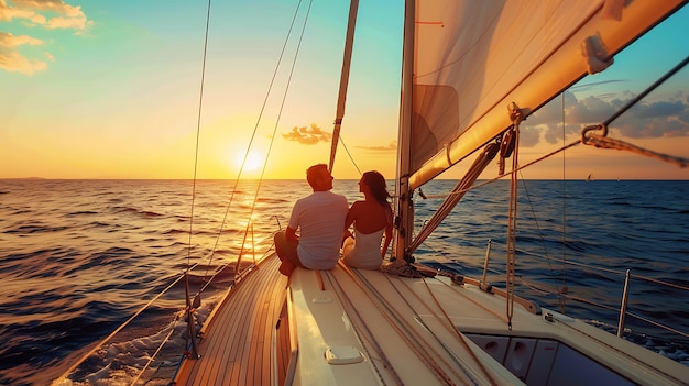 Foto una pareja joven disfrutando de una hermosa puesta de sol en un velero