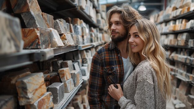 Una pareja joven elige azulejos de granito en una tienda de mejoras para el hogar