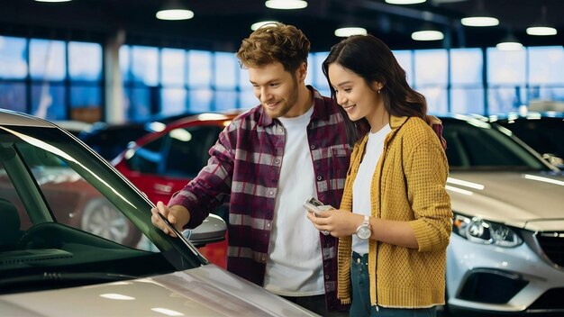 Foto una pareja joven eligiendo un coche en una sala de exposiciones de automóviles