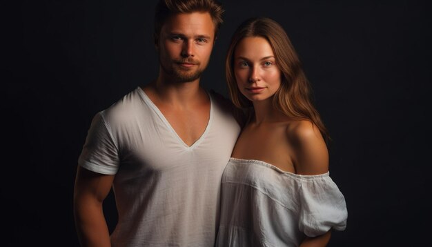 Pareja joven enamorada abrazándose y sonriendo generada por IA