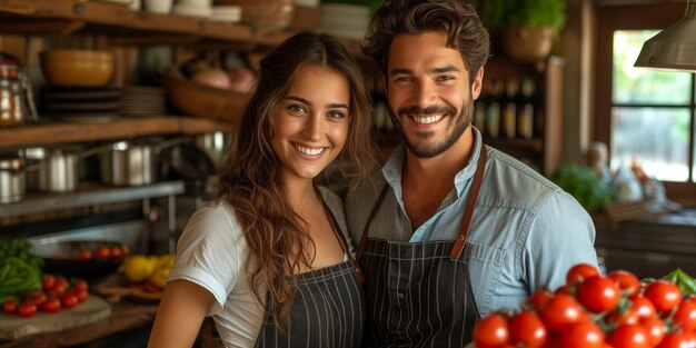 Una pareja joven está cocinando juntos un estilo de vida saludable frutas frescas verduras cocina rural comida italiana