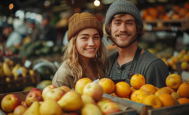 Una pareja joven está comprando fruta fresca en el mercado de agricultores