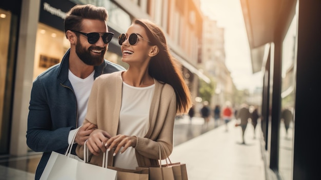 Una pareja joven está haciendo compras en el centro comercial creado con tecnología de IA generativa