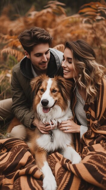 Una pareja joven está sentada en una manta en el bosque con su perro