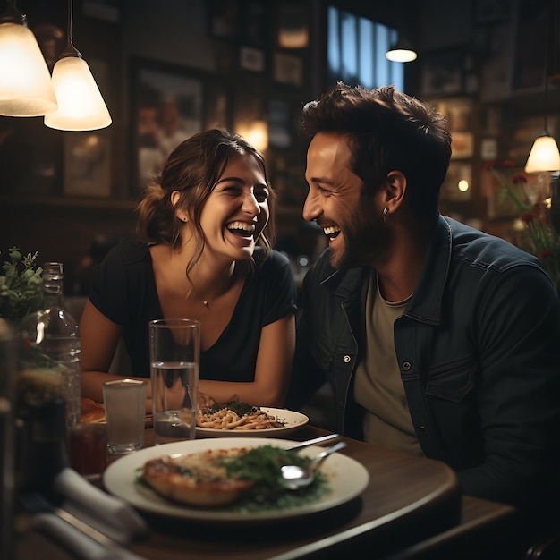 Una pareja joven está sentada en un restaurante italiano riendo y divirtiéndose