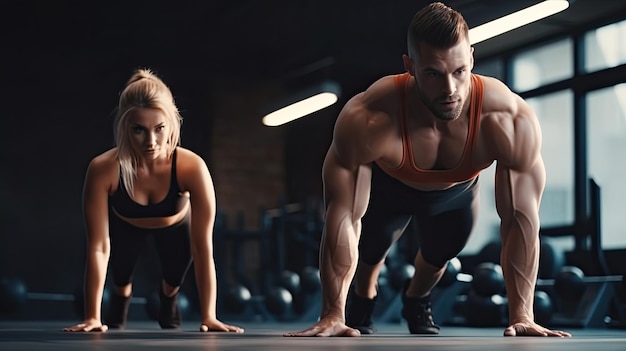 Pareja joven está trabajando en el gimnasio Mujer atractiva y hombre musculoso guapo están entrenando en la luz