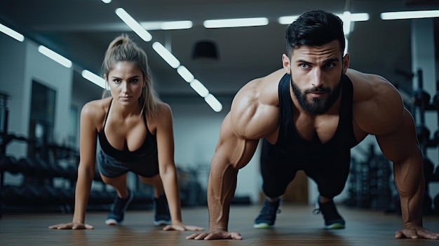 Pareja joven está trabajando en el gimnasio Mujer atractiva y hombre musculoso guapo están entrenando en la luz