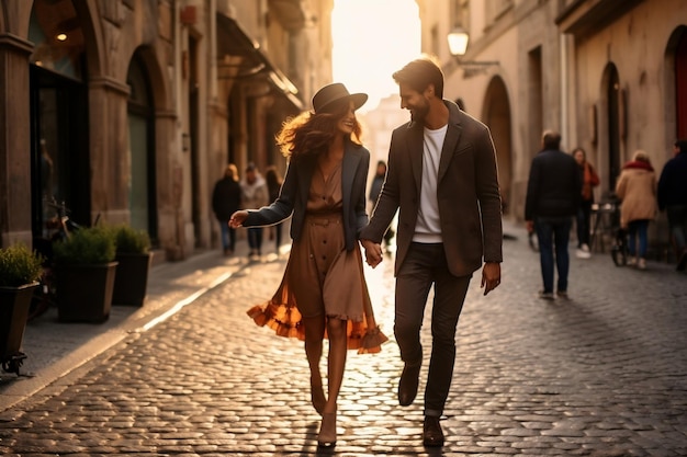 Una pareja joven explorando las calles de una antigua ciudad europea.