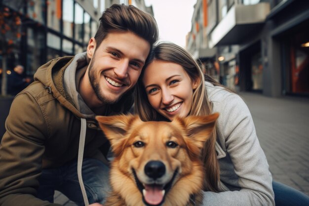 pareja joven expresión feliz al aire libre en una ciudad generada por ai