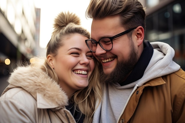 pareja joven expresión feliz al aire libre en una ciudad generada por ai