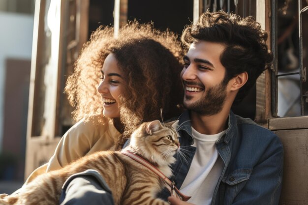 pareja joven expresión feliz al aire libre en una ciudad generada por ai