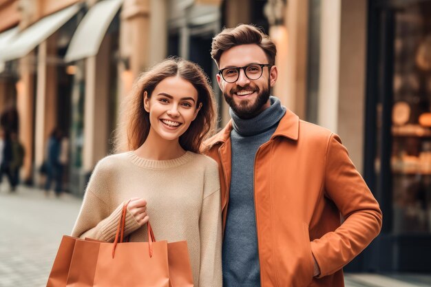 Una pareja joven feliz con una bolsa de compras en la calle después de comprar una pareja de manos al caminar en el centro comercial creada con tecnología de IA generativa