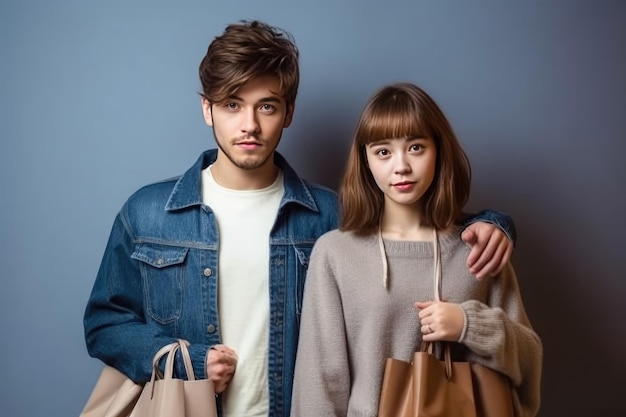 Una pareja joven feliz con una bolsa de compras en la calle después de comprar una pareja de manos al caminar en el centro comercial creada con tecnología de IA generativa