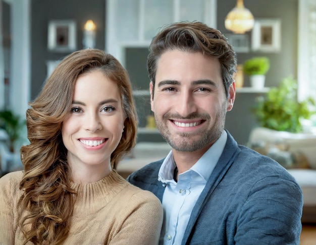 Una pareja joven feliz de pie en el interior de un nuevo apartamento