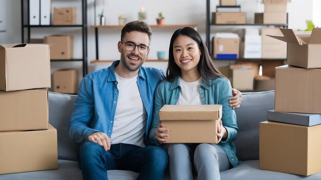Una pareja joven y feliz sentada en el sofá rodeada de cajas