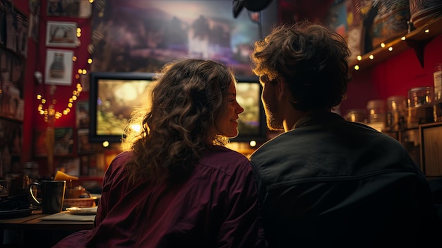 Una pareja joven y feliz viendo una película en la televisión en casa.