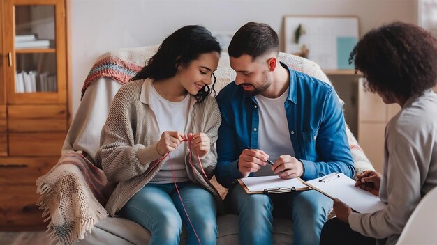 Foto una pareja joven en el gabinete del psicólogo están haciendo pruebas o llenando la manta para la terapia