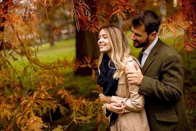 Pareja joven guapo en el parque otoño