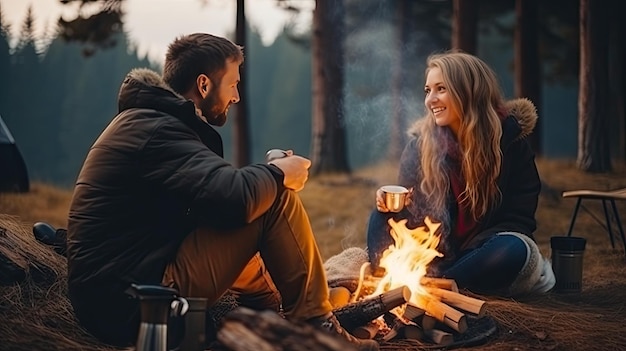 Pareja joven haciendo un picnic sentado cerca de una fogata y una tienda de campaña Beber café en el bosque de pinos