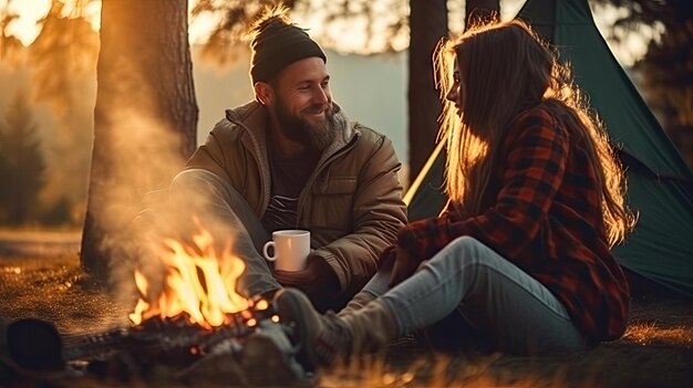 Pareja joven haciendo un picnic sentado cerca de una fogata y una tienda de campaña Tomar café en el bosque de pinos