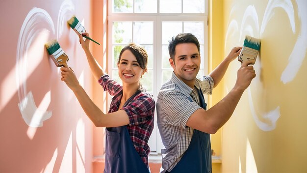 Foto una pareja joven haciendo reparaciones de apartamentos juntos.