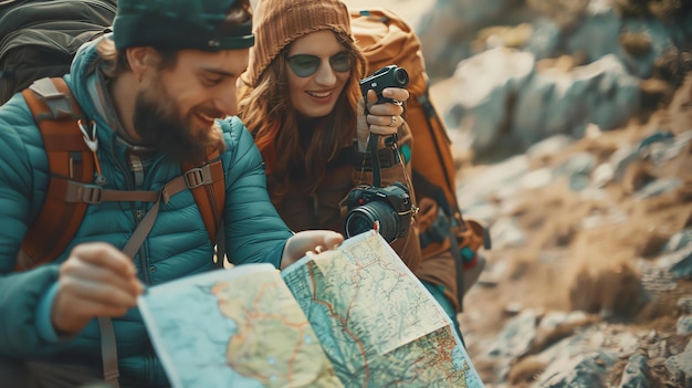 Una pareja joven haciendo senderismo en las montañas están mirando un mapa y sonriendo la mujer está tomando una foto con su cámara