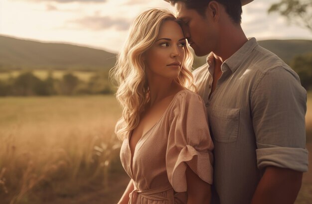 Foto una pareja joven en una historia de amor en el campo