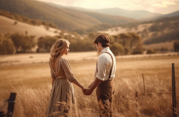 Foto una pareja joven en una historia de amor en el campo