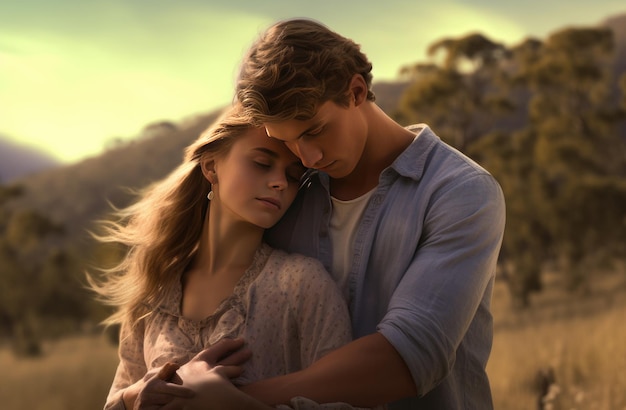 Foto una pareja joven en una historia de amor en el campo