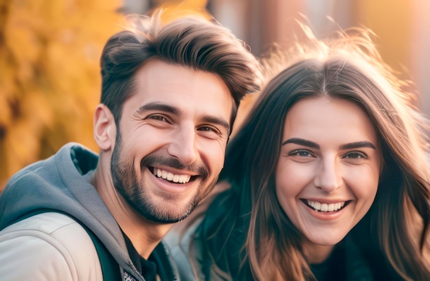 Una pareja joven un hombre y una mujer sonríen toman una foto selfie