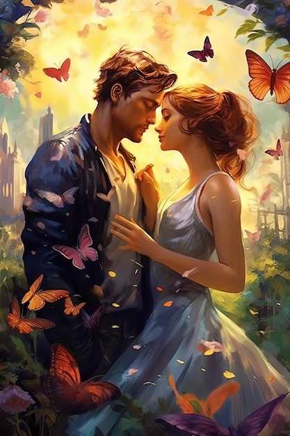 Pareja joven ilustraciones románticas mariposas con hermoso cielo colorido arte día de San Valentín amor