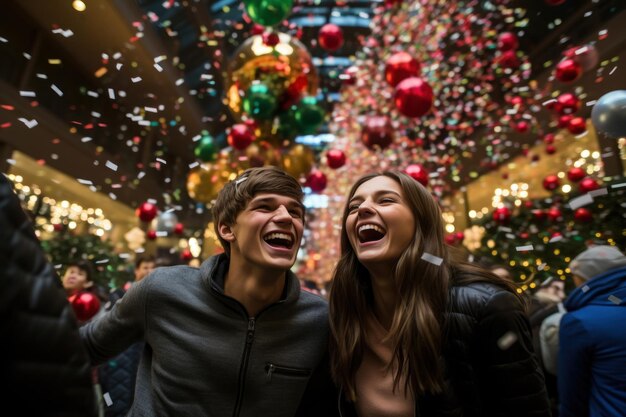 Pareja joven irradiando felicidad rodeada de confeti vibrante y el brillo de la festividad