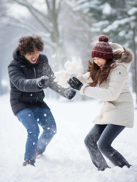 Una pareja joven jugando con nieve en el parque.