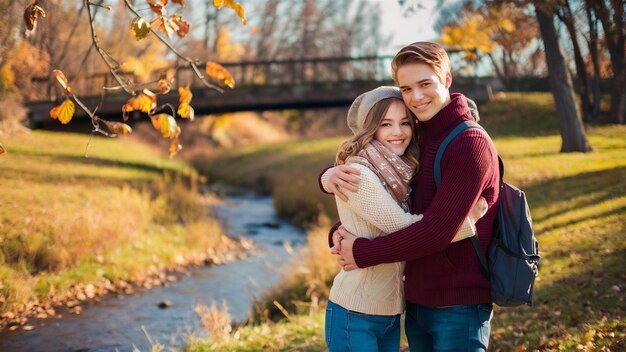 Una pareja joven juntos en una naturaleza de otoño