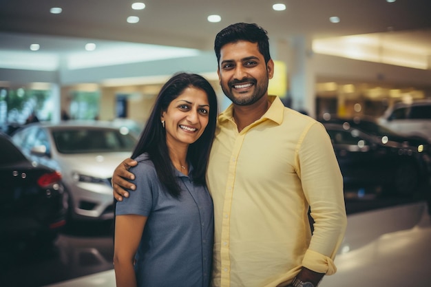 Pareja joven juntos en la sala de exposición de automóviles