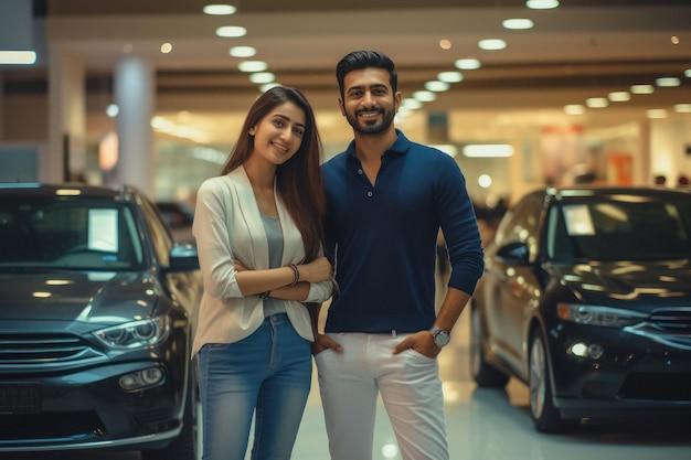 Pareja joven juntos en la sala de exposición de automóviles