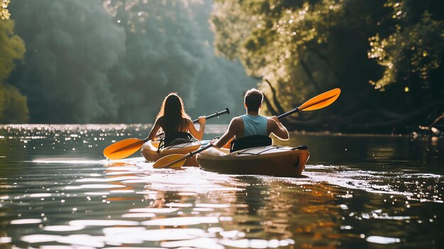 Una pareja joven en kayak en un río en un día soleado ambos están usando chalecos salvavidas y remando el agua es tranquila y clara