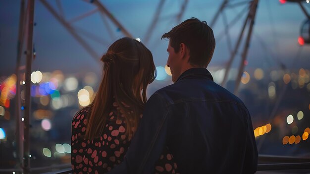 Una pareja joven mirando las luces de la ciudad nocturna desde un techo se apoyan contra la barandilla disfrutando de la vista y la compañía de los demás