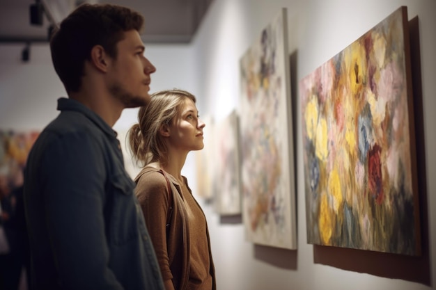 Una pareja joven mirando pinturas en exhibición en una galería creada con IA generativa