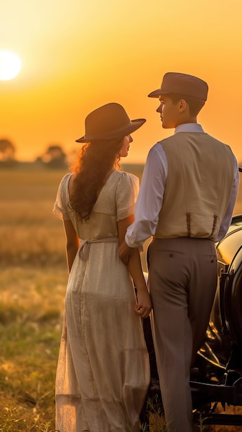 pareja joven, mirar, ocaso, en, un, coche de época