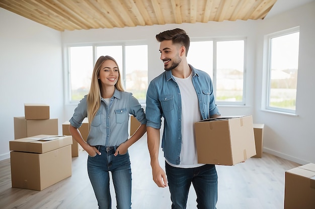 Foto una pareja joven se muda a una nueva casa