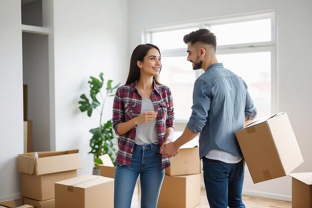 Foto una pareja joven se muda a una nueva casa